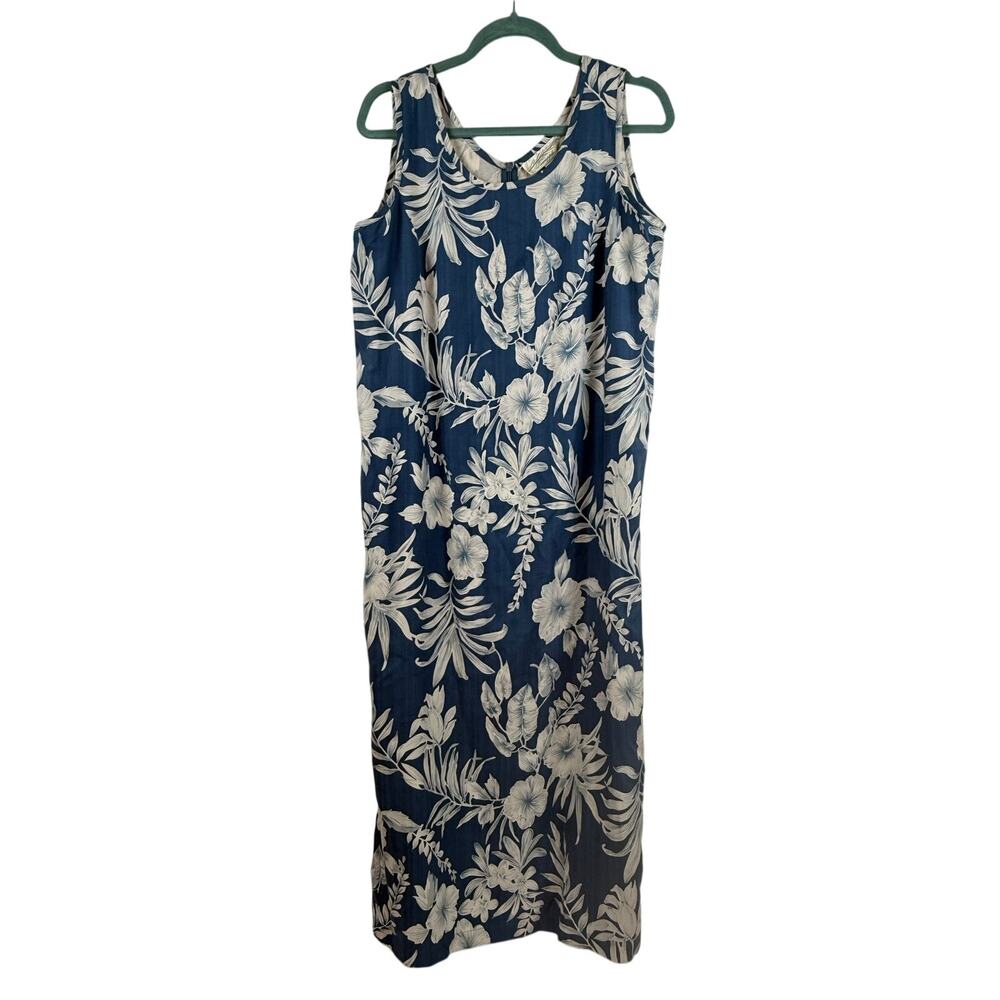 Pineapple Moon Silk Hawaiian Dress Blue White Floral Tropical Large Vintage